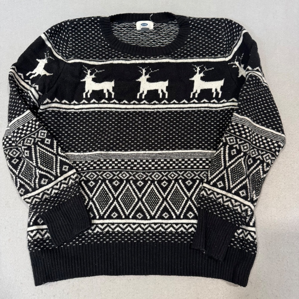 Old Navy Sweater Women XL Black White Fair Isle Reindeer Crewneck Knit Holiday
